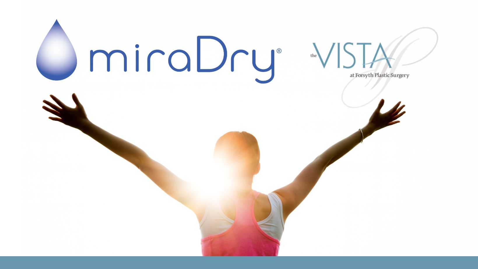 Promotional banner for miraDry treatment. A woman with arms raised stands in bright sunlight. Text reads, “Stop Sweat and Odor Permanently with miraDry.” The offer states, “Save $500 — Now only $1450 (reg. $1950).” The VISTA at Forsyth Plastic Surgery logo appears at the bottom.